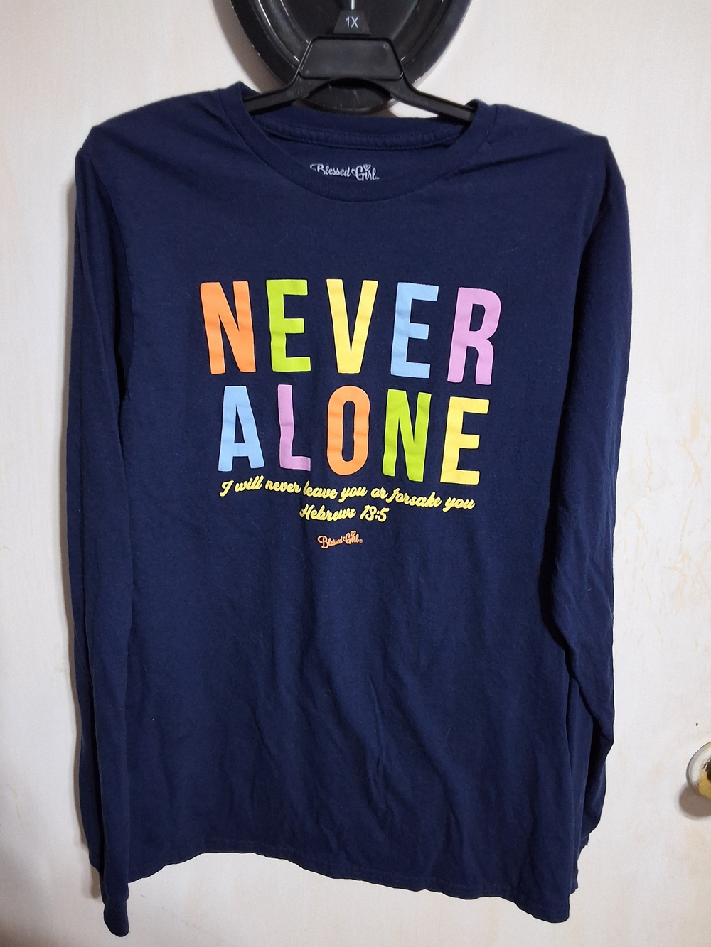 Navy Long-Sleeve Tee with 'Never Alone' Multicolor Graphic